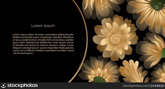 Vector  Template, banner with golden flowers on black background, copy space. For invitation, cards or banner and  poster, Landing page