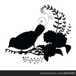 Vector template cute little bird and flowers. Black silhouette illustration isolated on white. For wedding invitation, design, print, t shirt, home decor, stickers, weather vane, application and tattoo.. Vector silhouette little bird and flower composition