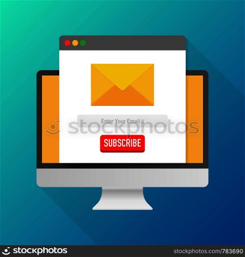 Vector template email subscribe on computer. Submit form for website email letter banner. Vector stock illustration.