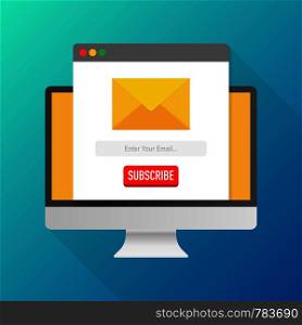 Vector template email subscribe on computer. Submit form for website email letter banner. Vector stock illustration.
