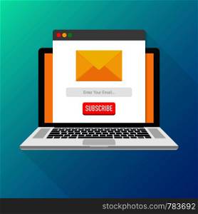 Vector template email subscribe on laptop. Submit form for website email letter banner. Vector stock illustration.