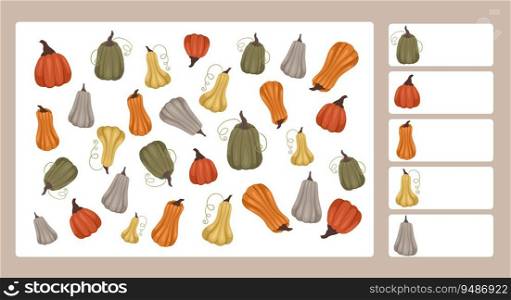 Vector template for autumn preschool games. I spy game worksheet. Childrens educational fun. Count how many pumpkins. Count vegetables.. Vector template for autumn preschool games. I spy game worksheet. Childrens educational fun. Count how many pumpkins.