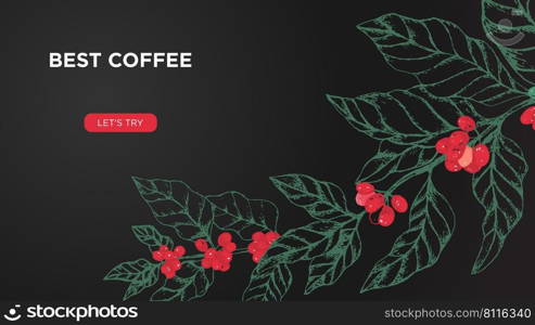 Vector template for coffee business website screen. Concept with coffee tree and berries on black background. Illustration for landing page or banner, flyer or blog post.