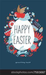 Vector template for holiday greeting cards. Spring design. happy Easter. Collage of Easter elements, flowers, rabbits, angels, painted eggs. Vector illustration on a blue background.. Happy Easter. Vector template for greeting cards.
