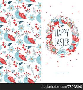 Vector template for holiday greeting cards. Spring design. happy Easter. Collage of Easter elements, flowers, rabbits, angels, painted eggs.. Happy Easter. Vector template for greeting cards.