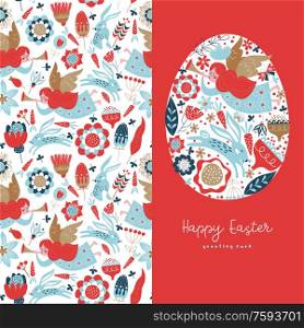 Vector template for holiday greeting cards. Spring design. happy Easter. Collage of Easter elements, flowers, rabbits, angels, painted eggs.. Happy Easter. Vector template for greeting cards.