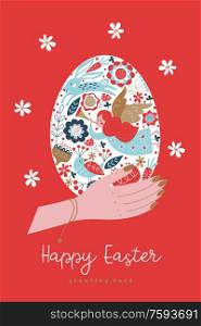 Vector template for holiday greeting cards. Spring design. happy Easter. Painted Easter egg in hand. Vector illustration on a red background.. Happy Easter. Vector template for greeting cards.