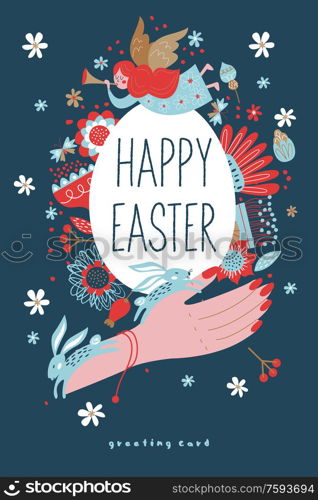 Vector template for holiday greeting cards. Spring design. happy Easter. Painted Easter egg in hand. Vector illustration on a blue background.. Happy Easter. Vector template for greeting cards.