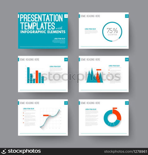 Vector Template for presentation slides with graphs and charts - blue and red version