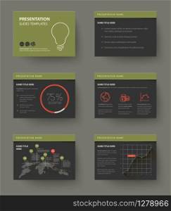 Vector Template for presentation slides with graphs and charts - dark retro color version