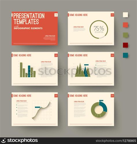 Vector Template for presentation slides with graphs and charts - retro color version