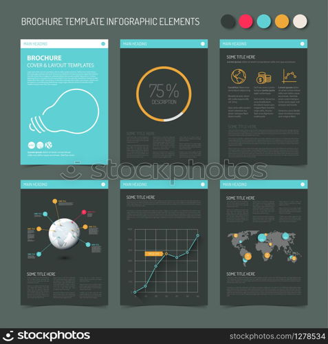 Vector Template for presentation slides with graphs and charts - retro dark color version