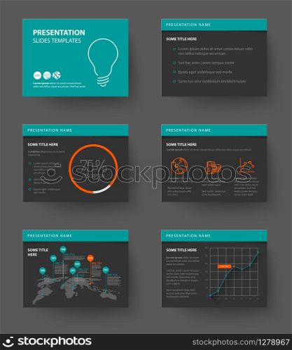 Vector Template for presentation slides with graphs and charts - teal and red version