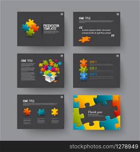 Vector Template for presentation slides with puzzle pieces and colorful elements - dark version