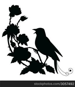 Vector template nightingale bird and flowers. Black silhouette illustration isolated on white. For wedding invitation, design, print, t shirt, home decor, stickers, weather vane, application and tattoo.. Vector black silhouette nightingale and flower composition