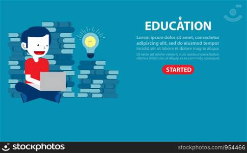 Vector template of education character. Concept education illustration banners. Student sitting with laptop vector, website pages design