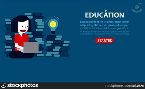 Vector template of education character. Concept education illustration banners. Student sitting with laptop vector, website pages design