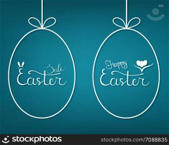 Vector Template of Hanging Egg Form with Lettering Easter Sale and Happy Easter on blue background. For Easter Sale Banner, Flyer, Brochure, Postcard. Vector illustration for Your Design, Web.