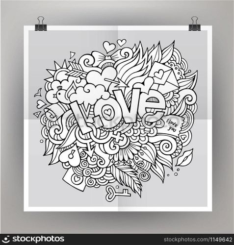 Vector template poster with Love hand lettering and doodles elements