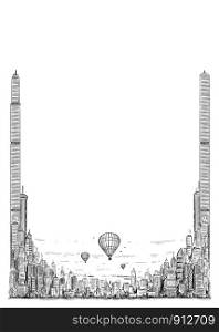 Vector template with artistic sketchy pen and ink drawing illustration of generic city high rise cityscape landscape with skyscraper buildings and hot air balloons.. Vector Template with Artistic Drawing Illustration of Generic City High Rise Cityscape with Skyscraper Buildings and Hot Air Balloons