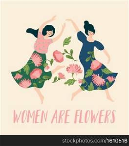 Vector template with dancing women and flowers. International Women s Day concept for card, poster, flyer and other users. Vector template with dancing women and flowers. International Women s Day concept for card, poster, flyer and other