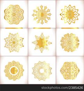 Vector templates with gold and white mandala. Geometric logo template set. Vector templates for wedding design, kaleidoscope, medallion, india, arabic pattern.. Vector ornamental gold symbols set