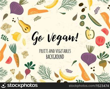 Vector teplate with vegetables and fruit. Vegan concept. Elements for design. Vector teplate with vegetables and fruit. Vegan concept.