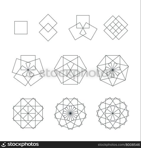 vector tetragonal black outline monochrome variations sacred geometry square decoration elements collection isolated white background &#xA;