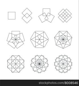 vector tetragonal black outline monochrome variations sacred geometry square decoration elements collection isolated white background &#xA;
