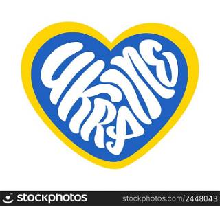 Vector text logo Ukraine in form of heart. Heart colored in national Ukrainian flag colors blue and yellow sliced for two parts. Ukraine text lettering. Pray for Ukraine.. Vector text logo Ukraine in form of heart. Heart colored in national Ukrainian flag colors blue and yellow sliced for two parts. Ukraine text lettering. Pray for Ukraine