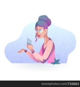Vector textural illustration of a hipster girl with mobile phone in modern style. Vector stylized illustration for your creativity.. Vector textural illustration of a hipster girl with mobile phone in modern style.