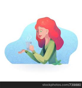 Vector textural illustration of a redhead girl with a cup in modern style. Vector stylized illustration for your creativity.. Vector textural illustration of a redhead girl with a cup in modern style.