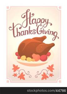 Vector thanksgiving illustration with deep fried turkey and text happy thanksgiving in frame on white background with leaves. Flat hand drawn style celebration design for greeting card, poster, web, site, banner, print