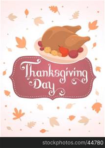 Vector thanksgiving illustration with deep fried turkey and text thanksgiving day in frame on white background with leaves. Flat hand drawn style celebration design for greeting card, poster, web, site, banner, print