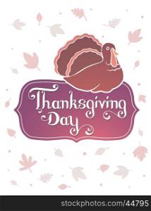 Vector thanksgiving illustration with gradient turkey bird and text thanksgiving day in frame on white background with leaves. Flat hand drawn style celebration design for greeting card, poster, web, site, banner, print