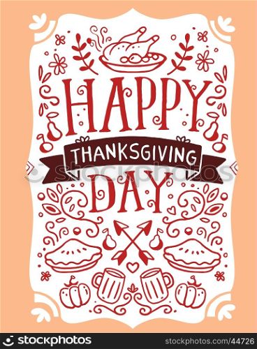 Vector thanksgiving illustration with roasted turkey, vegetables, leaves and text happy thanksgiving day on orange background. Flat hand drawn line art style celebration design for greeting card, poster, web, site, banner, print