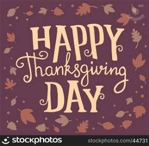 Vector thanksgiving illustration with text happy thanksgiving day and autumn leaves on dark background. Flat style celebration design for greeting card, poster, web, site, banner, print