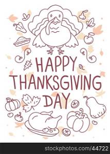 Vector thanksgiving illustration with turkey bird, vegetables, leaves and text happy thanksgiving day on white background. Flat hand drawn line art style celebration design for greeting card, poster, web, site, banner, print