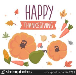 Vector thanksgiving illustration with vegetables and text happy thanksgiving with autumn leaves on white background. Flat hand drawn style celebration design for greeting card, poster, web, site, banner, print