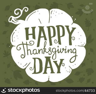 Vector thanksgiving illustration with white pumpkin and text happy thanksgiving day with autumn leaves on green background. Flat style celebration design for greeting card, poster, web, site, banner, print