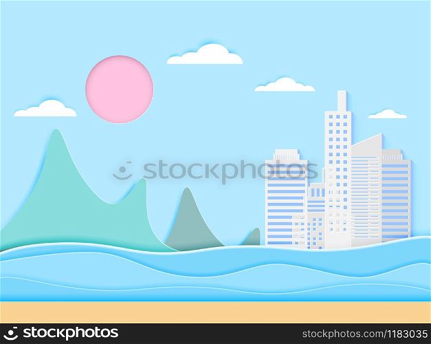 Vector the beach and sea with paper art style