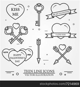 Vector thin line badge, label set for Saint Valentine&rsquo;s day and love theme. For web design and application interface, also useful for infographics. Set includes - heart, key, arrows icons. Modern minimalistic flat design. Vector dark grey.