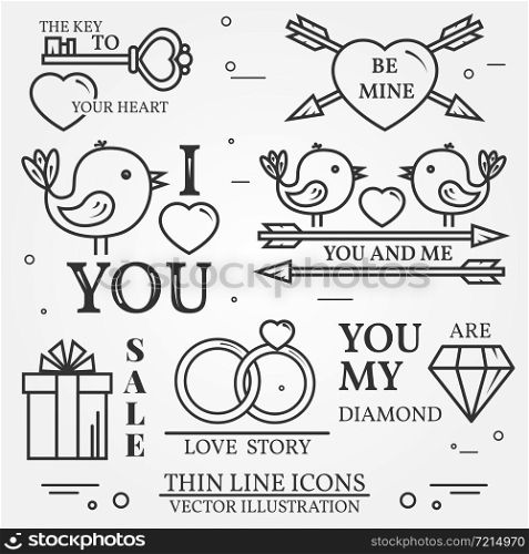 Vector thin line badge, label set for Saint Valentine&rsquo;s day and love theme. For web design and application interface, also useful for infographics. Set includes - cupcake, diamond, bird, heart, gift, cherry, wedding rings, key, arrows icons. Modern minimalistic flat design. Vector dark grey.