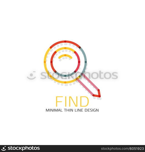 Vector thin line design logo magnifying glass, search and find or zoom logotype concept. Linear minimalistic business icon made of multicolored segments