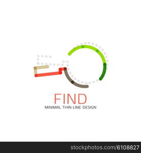 Vector thin line design logo magnifying glass, search and find or zoom logotype concept. Linear minimalistic business icon made of multicolored segments