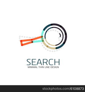 Vector thin line design logo magnifying glass, search and find or zoom logotype concept. Linear minimalistic business icon made of multicolored segments