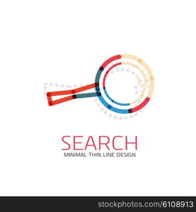 Vector thin line design logo magnifying glass, search and find or zoom logotype concept. Linear minimalistic business icon made of multicolored segments