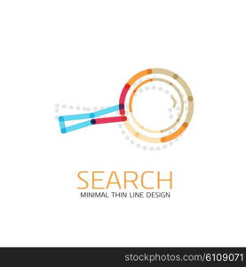 Vector thin line design logo magnifying glass, search and find or zoom logotype concept. Linear minimalistic business icon made of multicolored segments