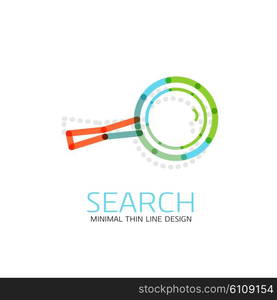 Vector thin line design logo magnifying glass, search and find or zoom logotype concept. Linear minimalistic business icon made of multicolored segments