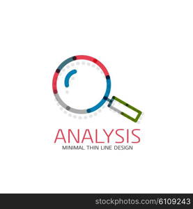 Vector thin line design logo magnifying glass, search and find or zoom logotype concept. Linear minimalistic business icon made of multicolored segments